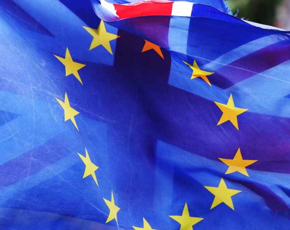 Durchsichtige zweiseitige Fahne: EU-Flagge auf der einen, UK-Flagge auf anderen Seite