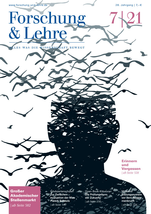 Titelbild der Juli-Ausgabe, Illustration von Vögeln, die aus einem Kopf herausfliegen 