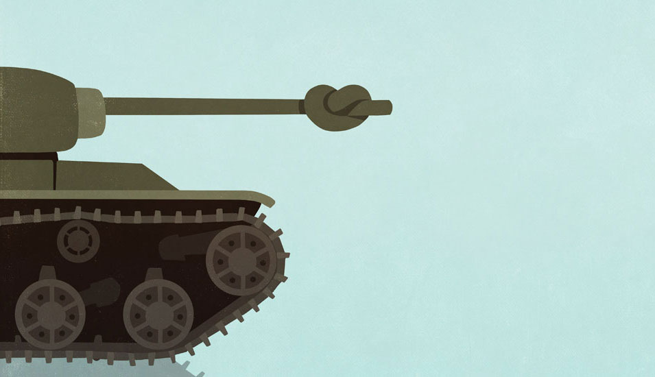 Zeichnung eines Panzers mit verknoteter Kanone.