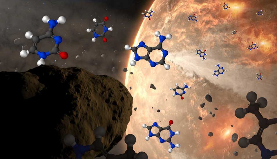 Symbolbild der NASA, das illustrieren soll, wie die Meteoriten die Nukleobasen zur Erde gebracht haben könnten.
