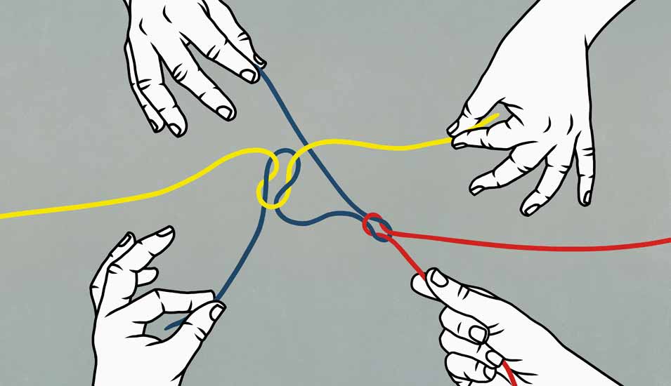 Illustration: Vier Hände ziehen an drei verschiedenfarbigen, ineinander verwickelten Fäden