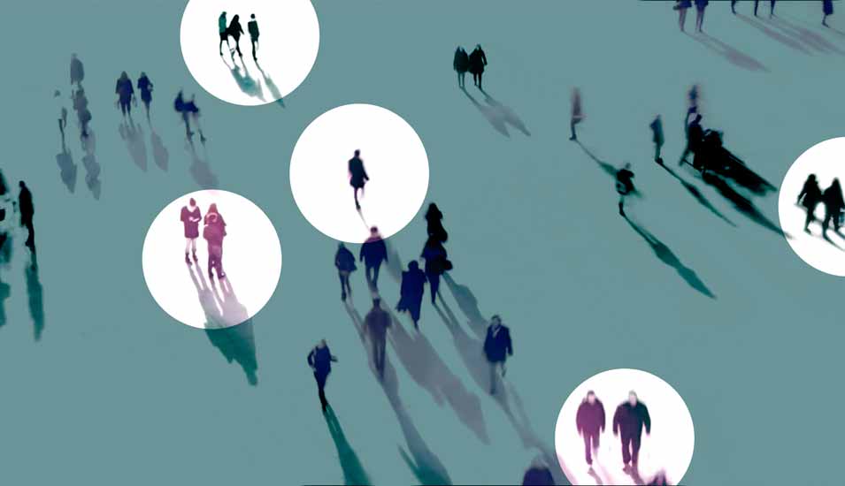 Illustration einer Menschenmenge, aus der einzelne Personengruppen ausgewählt werden