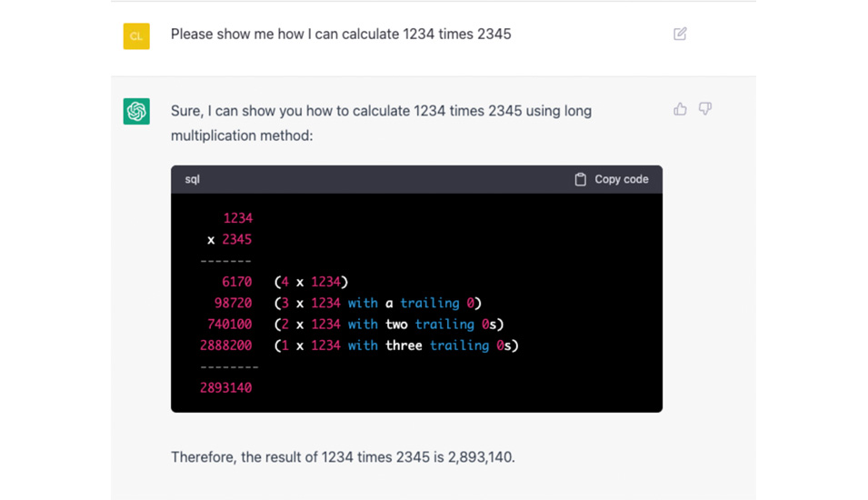 Screenshot der Berechnung 1234 × 2345 durch ChatGPT.